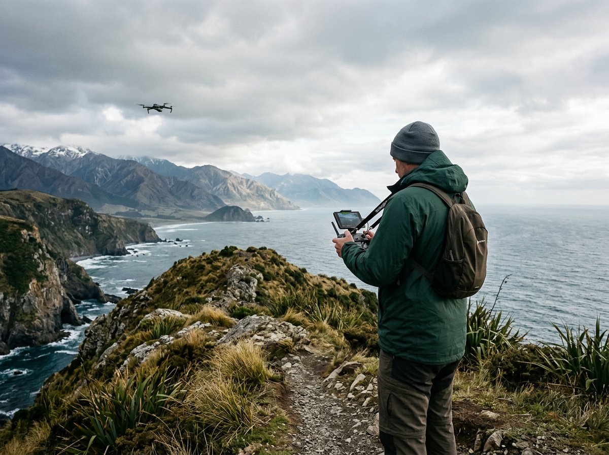 Drone pilot checking a controller on a coastal headland